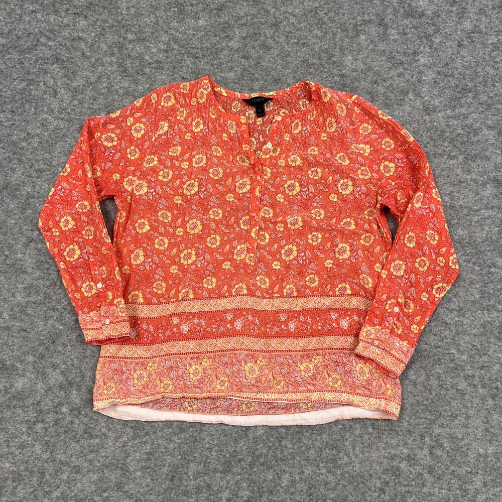 J CREW Blouse Womens 4 Orange Floral V Neck Button Long Sleeve Cotton Pleated